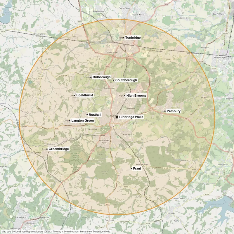 Map of the five-mile ring around Tunbridge Wells with the ten places Andy covers marked